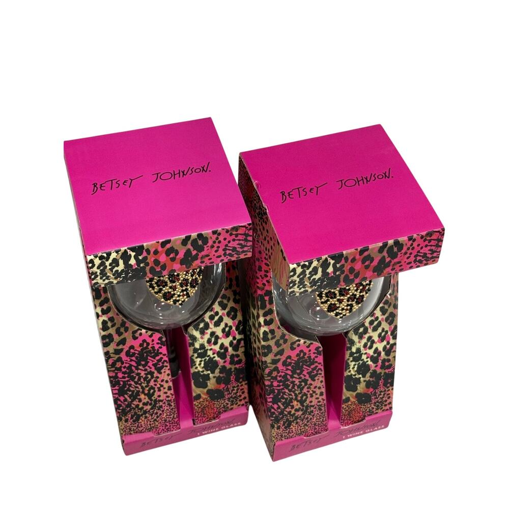 NWT Betsey Johnson Leopard Print Wine Glass Set of 2 - Pink & Black Animal Print - Picture 10 of 12